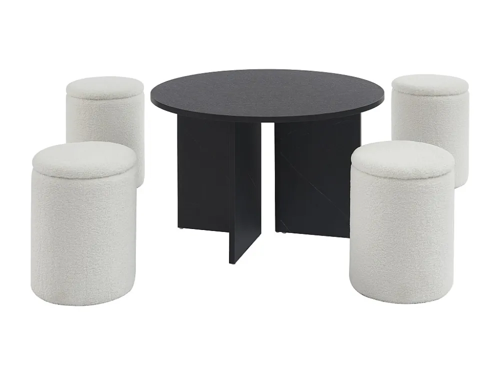 Salontafel van mdf + 4 poefs van boucléstof - Zwart en wit - AKSAY