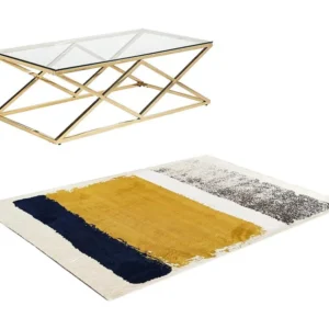 Set goudkleurige salontafel CHARLOTTE en blauw, mostergeel en grijs tapijt CAMDEN