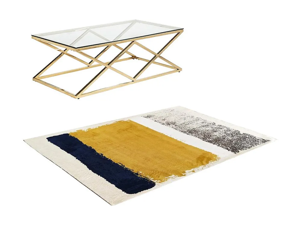 Set goudkleurige salontafel CHARLOTTE en blauw, mostergeel en grijs tapijt CAMDEN