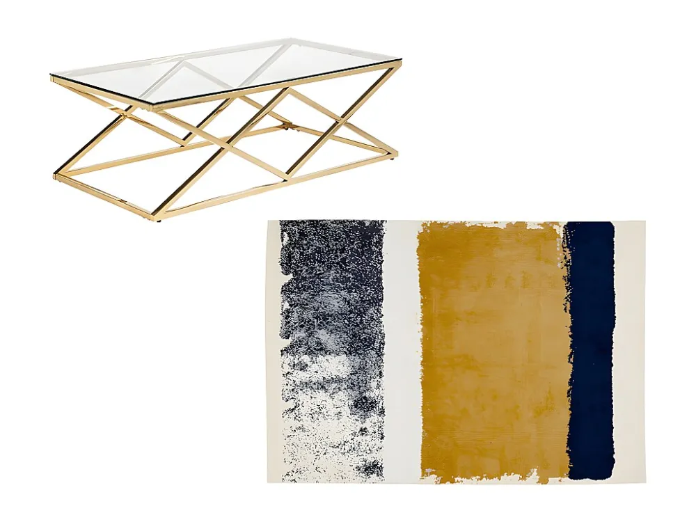 Set goudkleurige salontafel CHARLOTTE en blauw, mostergeel en grijs tapijt CAMDEN