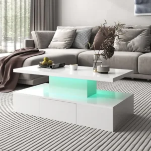 Table bass avec tiroirs, laque brillante, table avec deux niveaux de rangement, lumière LED, 100 L x 50 B x 39Hcm Blanc