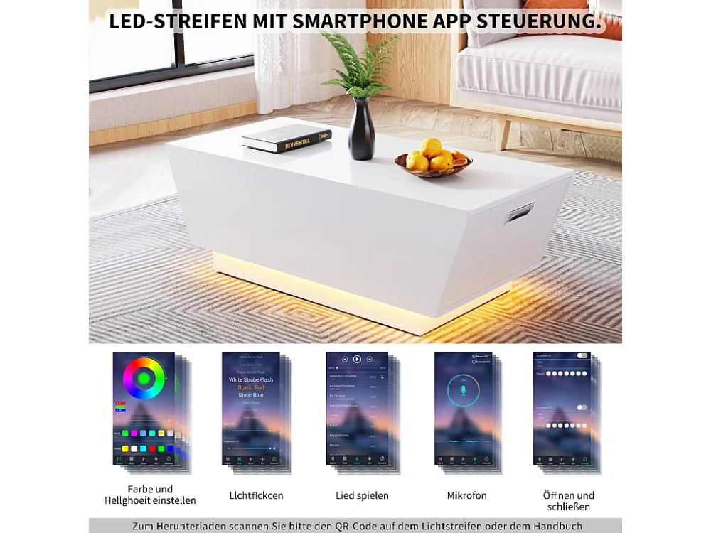 Table Basse 100cm, rectangulaire, avec éclairage LED, Bluetooth, app, plateau brillant, 2 portes, table de salon en bois -...