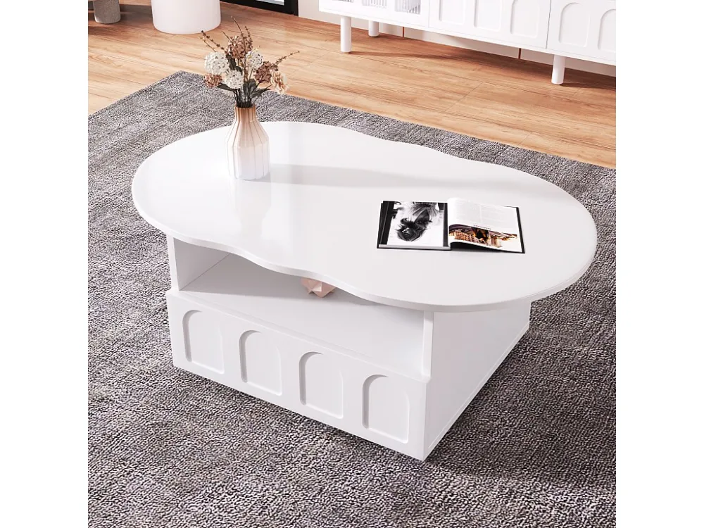 Table basse 100x39.2x60cm, n forme de nuage avec tiroirs et compartiments de rangement, panneaux de particules, blanc