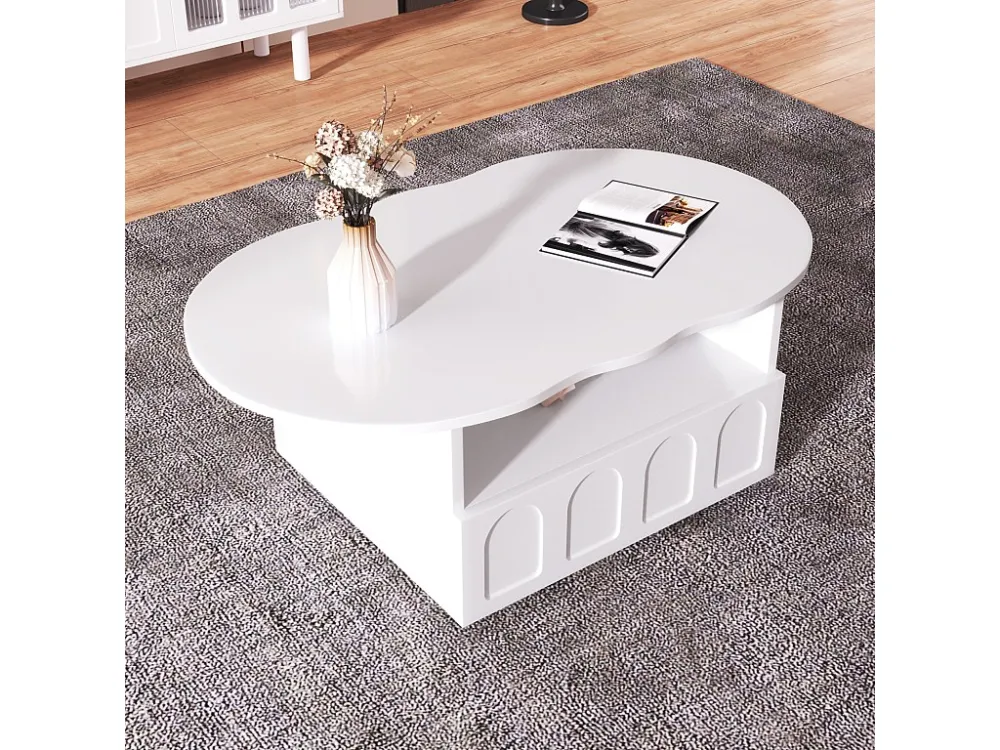 Table basse 100x39.2x60cm, n forme de nuage avec tiroirs et compartiments de rangement, panneaux de particules, blanc