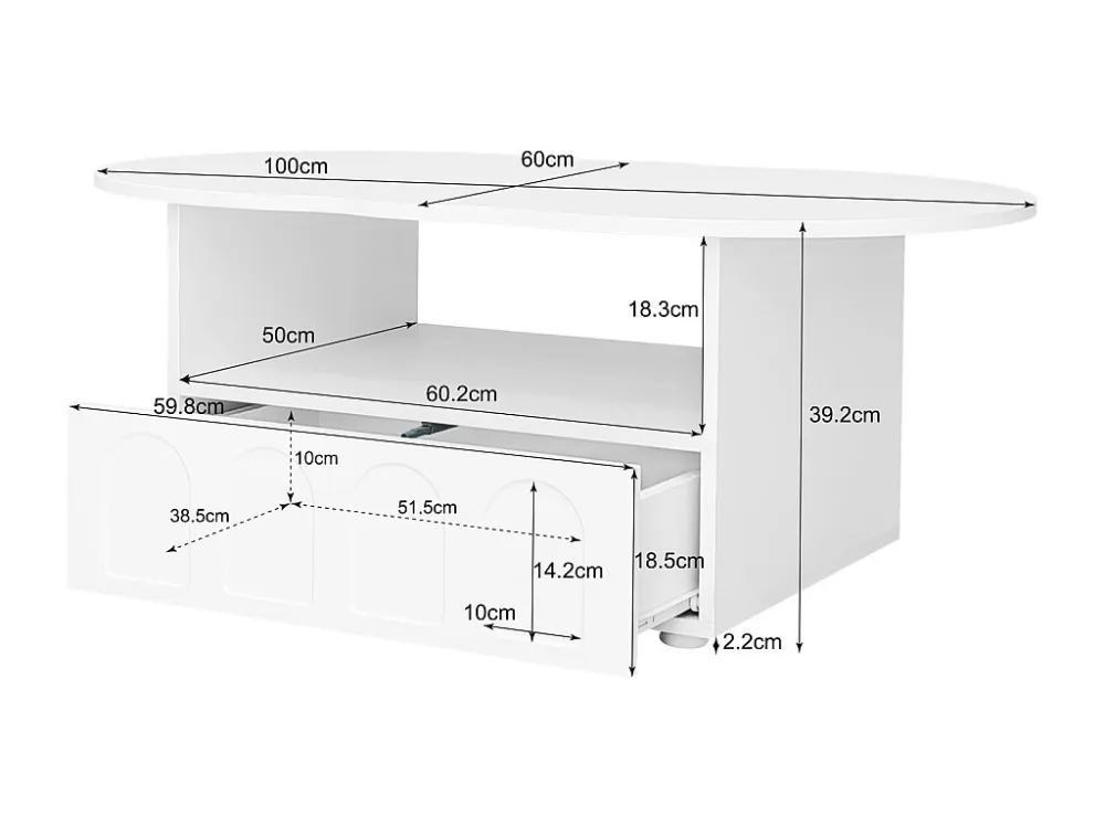 Table basse 100x39.2x60cm, n forme de nuage avec tiroirs et compartiments de rangement, panneaux de particules, blanc