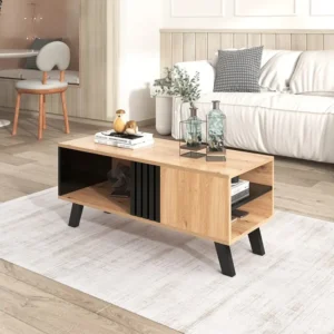 Table basse 100x60x53cm, table d'appoint avec étagères et compartiments, rangement polyvalent, en bois coloré et noi