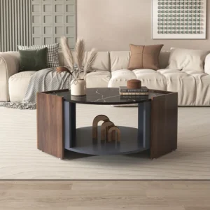 Table basse 96, 5x63x40cm, plateau en marbre, noyer aux couleurs contrastées, table de salon aux lignes uniques
