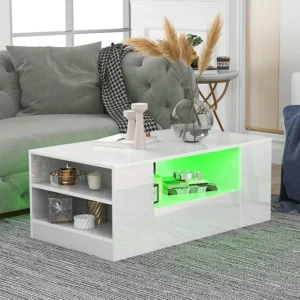 Table basse blanche avec bande LED - 2 tiroirs et 2 étagères - Style scandinave - Blanc brillant - 95 x 53 x 37cm