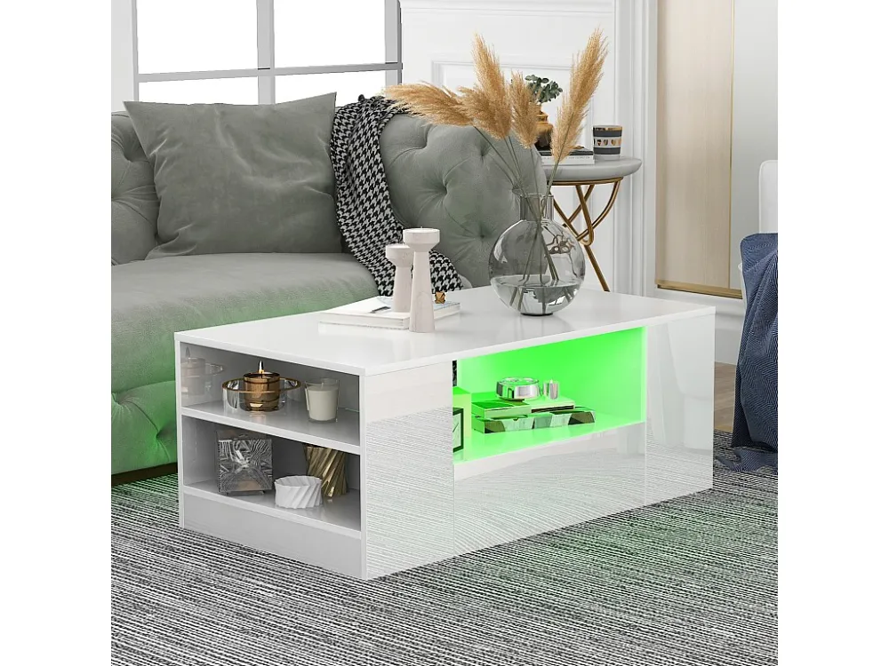 Table basse blanche avec bande LED - 2 tiroirs et 2 étagères - Style scandinave - Blanc brillant - 95 x 53 x 37cm