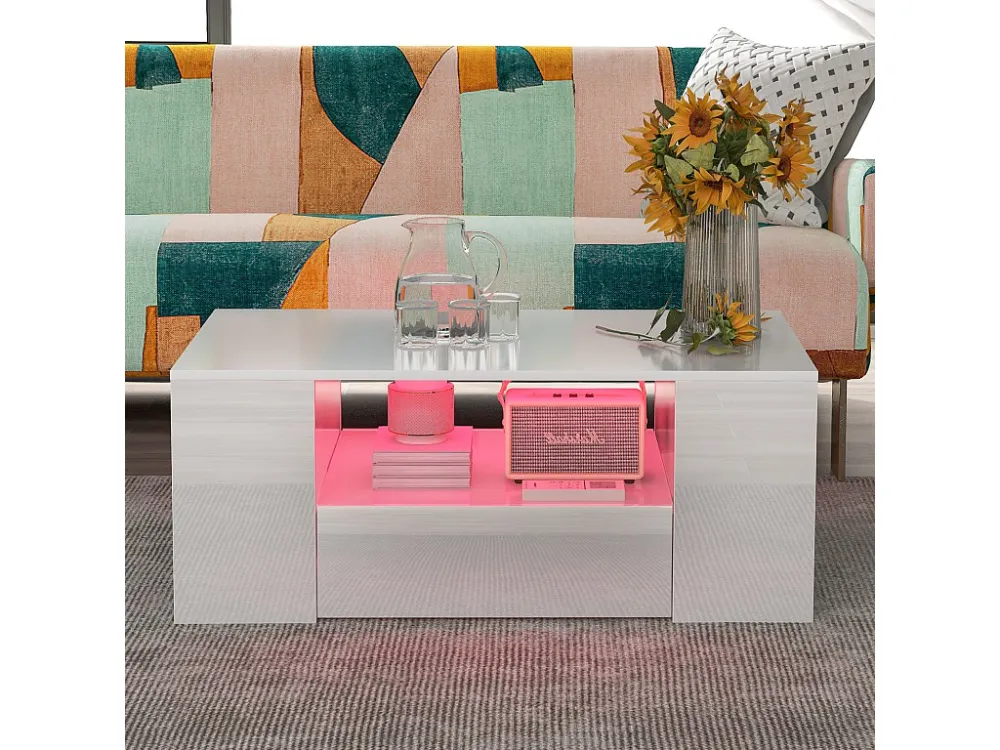 Table basse blanche avec bande LED - 2 tiroirs et 2 étagères - Style scandinave - Blanc brillant - 95 x 53 x 37cm