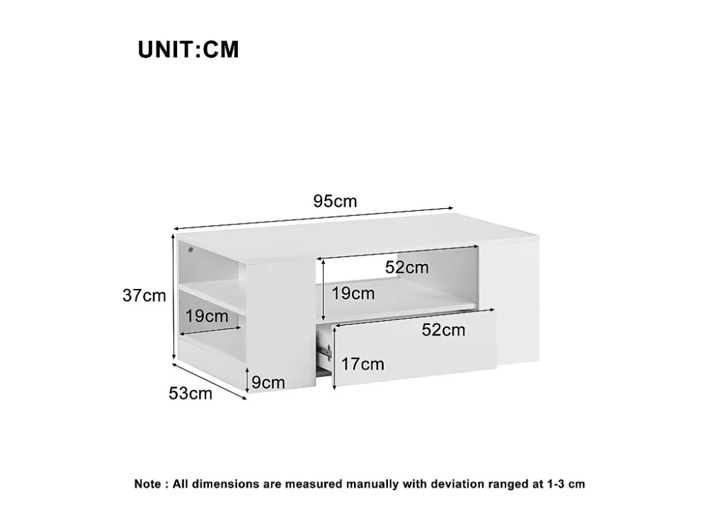 Table basse blanche avec bande LED - 2 tiroirs et 2 étagères - Style scandinave - Blanc brillant - 95 x 53 x 37cm