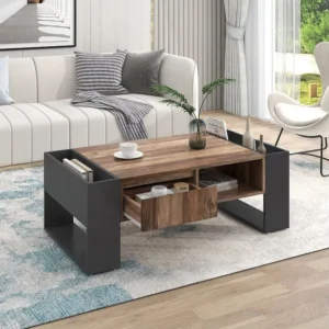 Table basse en bois veiné, 106.4x40x60cm, avec 1 tiroir et des compartiments de rangement, Noir+ Gris