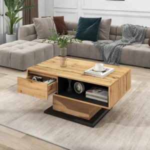 Table basse en bois veiné, avec 1 tiroir et espace de rangement, 100x47x60cm, chêne + gris noir