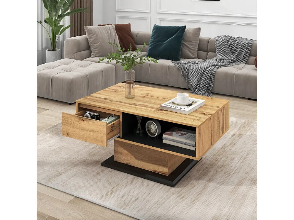 Table basse en bois veiné, avec 1 tiroir et espace de rangement, 100x47x60cm, chêne + gris noir