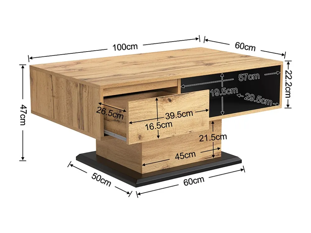 Table basse en bois veiné, avec 1 tiroir et espace de rangement, 100x47x60cm, chêne + gris noir