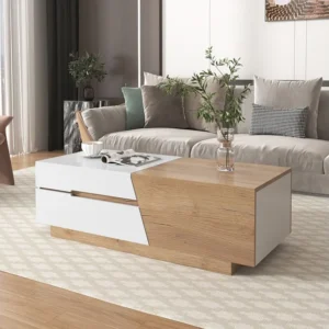 Table basse extensible 120x50x37.5cm, table basse rectangle avec tiroirs, structure color block, Naturel