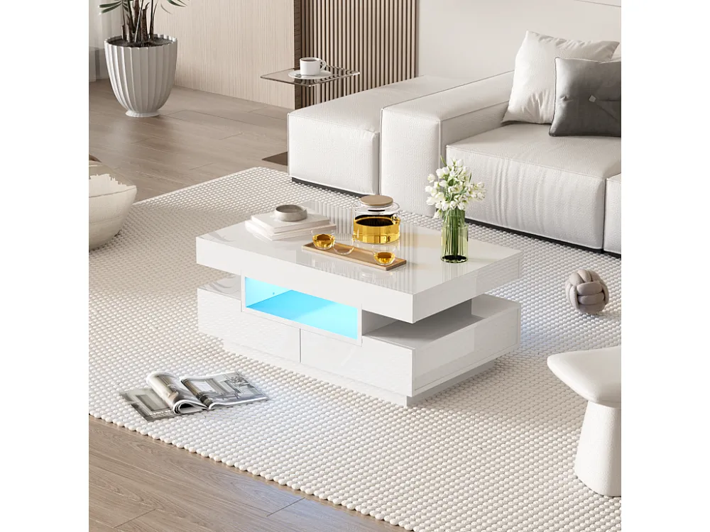 Table basse, finition brillante, avec LED, 4 tiroirs à l'avant et à l'arrière, grand espace de rangement 80x50x3...