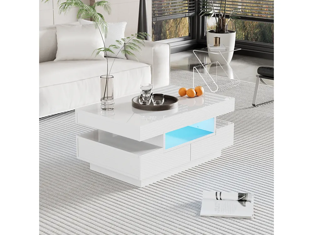 Table basse, finition brillante, avec LED, 4 tiroirs à l'avant et à l'arrière, grand espace de rangement 80x50x3...