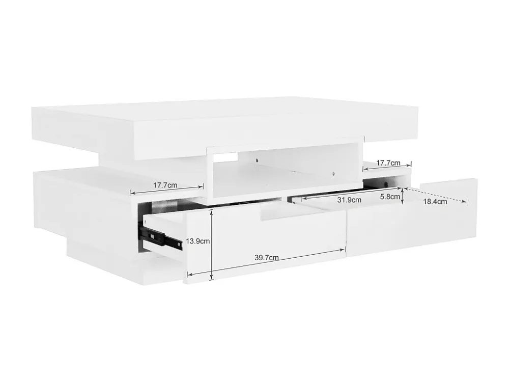 Table basse, finition brillante, avec LED, 4 tiroirs à l'avant et à l'arrière, grand espace de rangement 80x50x3...