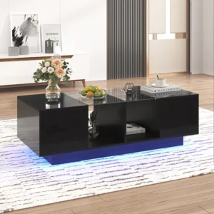 Table basse haute brillance, 120x50x37cm, avec étagère en verre, deux portes, espace de rangement, lumière LED, noir