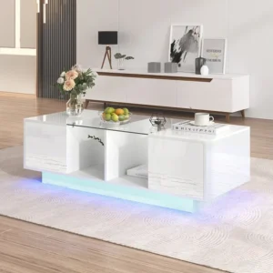 Table basse haute brillance, 120x50x37cm, avec étagère en verre, deux portes, espace de rangement, lumière LED, blanc