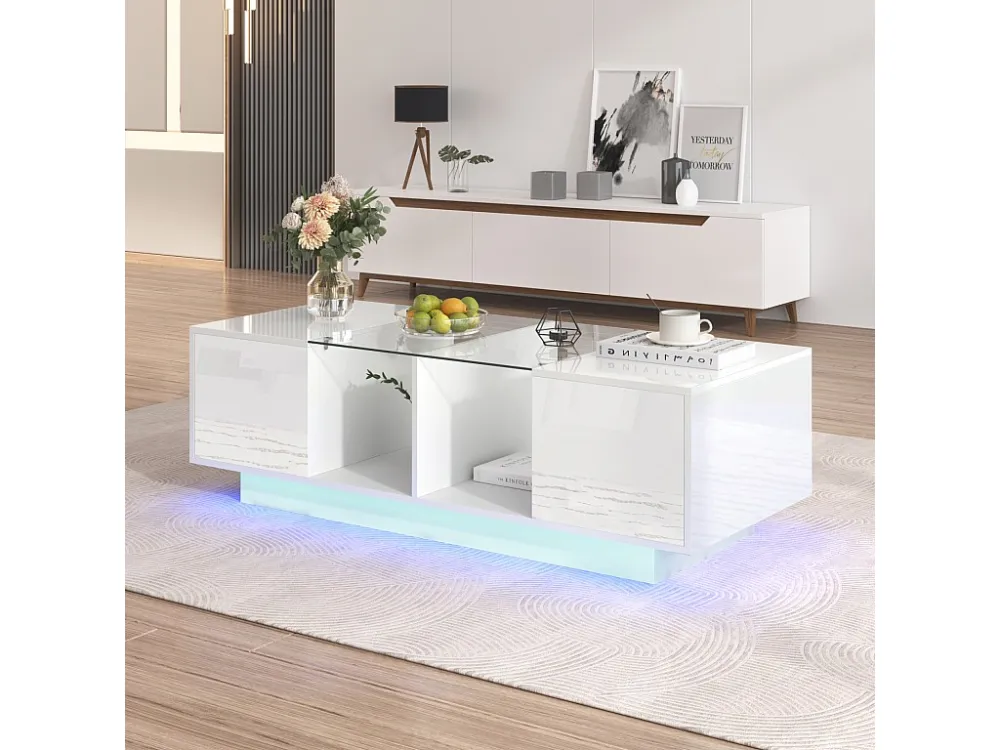 Table basse haute brillance, 120x50x37cm, avec étagère en verre, deux portes, espace de rangement, lumière LED, blanc