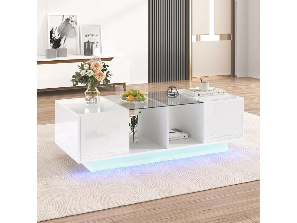 Table basse haute brillance, 120x50x37cm, avec étagère en verre, deux portes, espace de rangement, lumière LED, blanc