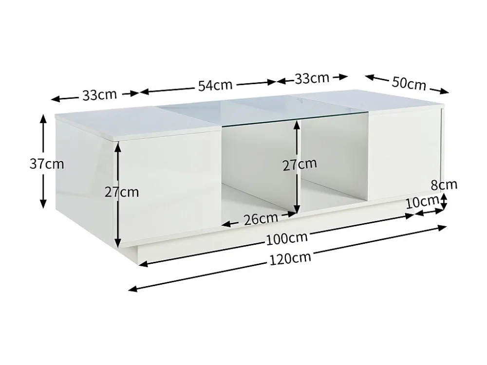 Table basse haute brillance, 120x50x37cm, avec étagère en verre, deux portes, espace de rangement, lumière LED, blanc