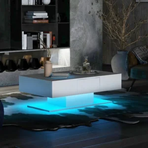 Table basse LED moderne avec 2 tiroirs table de salon plusieurs brillants 100x60x36cm blanc