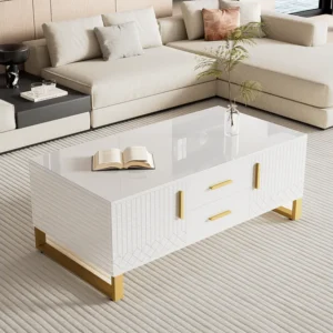 Table basse rectangulaire 107x40.5x55cm, table haute brillance avec tiroirs, poignées et pieds dorés, design spécial, Blanc