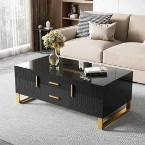 Table basse rectangulaire 107x40.5x55cm, table haute brillance avec tiroirs, poignées et pieds dorés, design spécial, Noir
