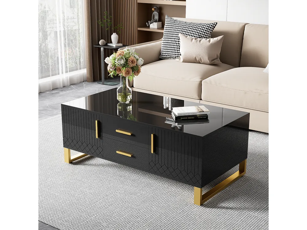 Table basse rectangulaire 107x40.5x55cm, table haute brillance avec tiroirs, poignées et pieds dorés, design spécial, Noir