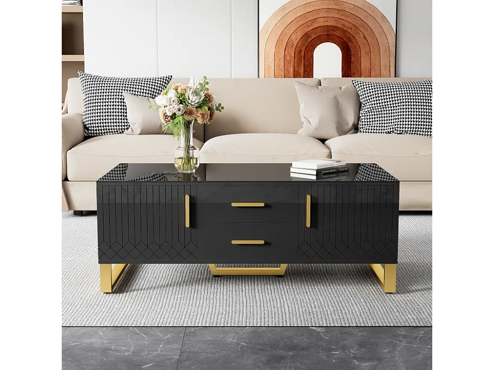 Table basse rectangulaire 107x40.5x55cm, table haute brillance avec tiroirs, poignées et pieds dorés, design spécial, Noir