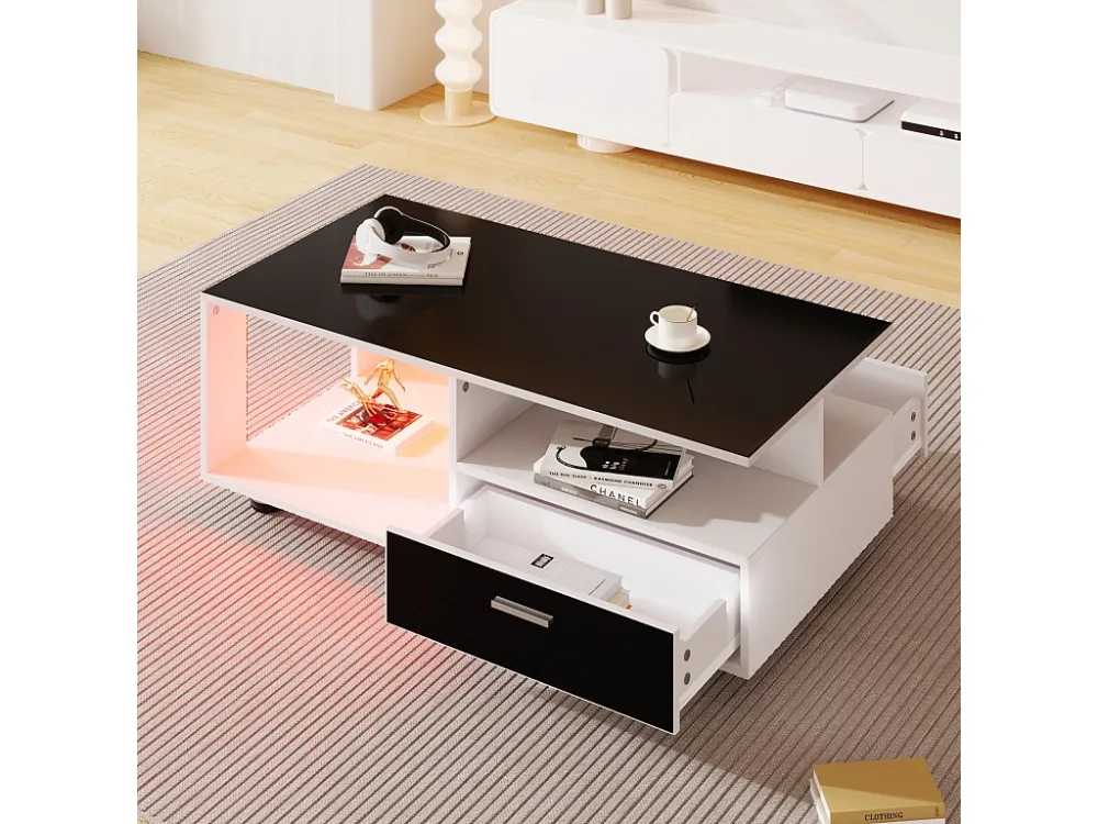 Table basse rectangulaire, 110x38.8x55cm, avec LED, 2 tiroirs, combinaison de couleurs noir et blanc