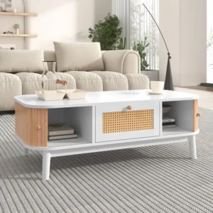 Table basse style cottage 110x55x38.5cm - Table à café avec tiroirs en rotin et portes coulissantes avec lattes en bois ma...