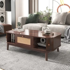 Table basse style cottage 110x55x38.5cm - Table à café avec tiroirs en rotin et portes coulissantes avec lattes en bois ma...