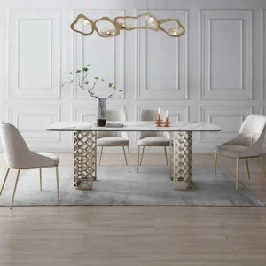 Eettafel 8 personen gehard glas en keramiek - Witte marmerlook en goudkleurig - GOLDENA