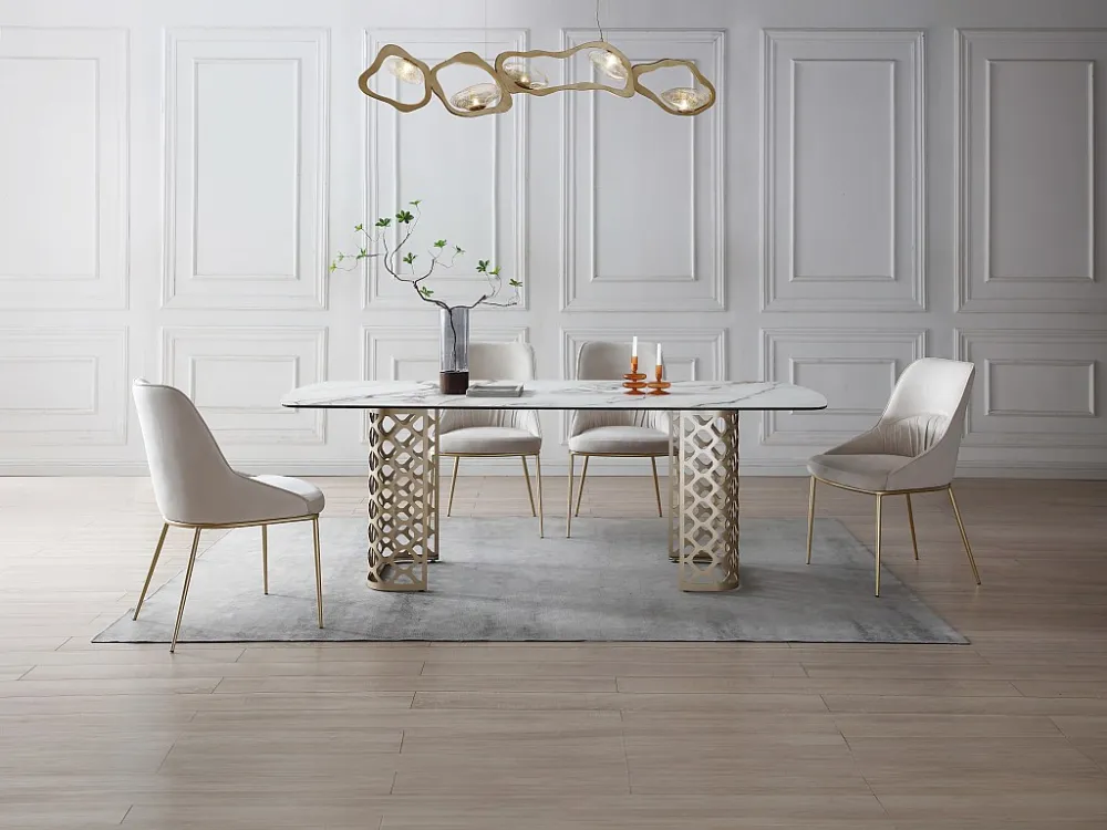 Eettafel 8 personen gehard glas en keramiek - Witte marmerlook en goudkleurig - GOLDENA