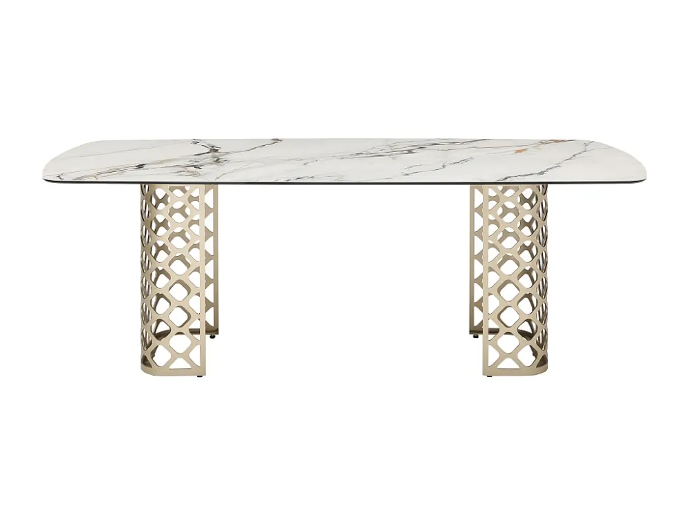 Eettafel 8 personen gehard glas en keramiek - Witte marmerlook en goudkleurig - GOLDENA
