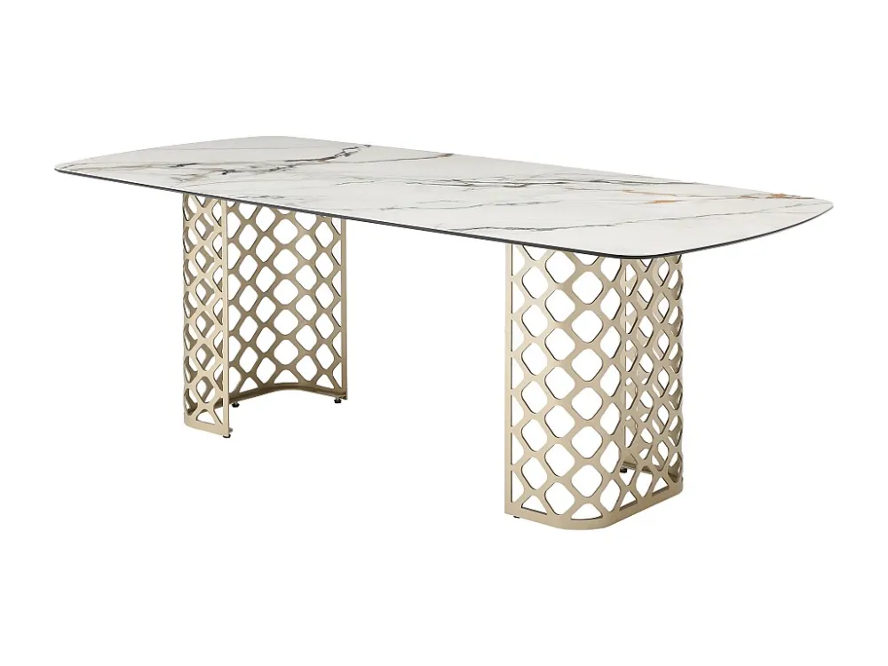 Eettafel 8 personen gehard glas en keramiek - Witte marmerlook en goudkleurig - GOLDENA
