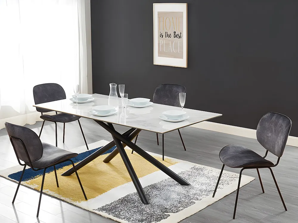 Eettafel -Keramiek, Gehard Glas en Metaal - Wit marmeren effect. SORRENTE