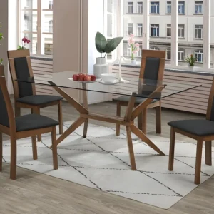 Eettafel - 6 personen van gehard glas en notenkleurig beukenhout BELINDA