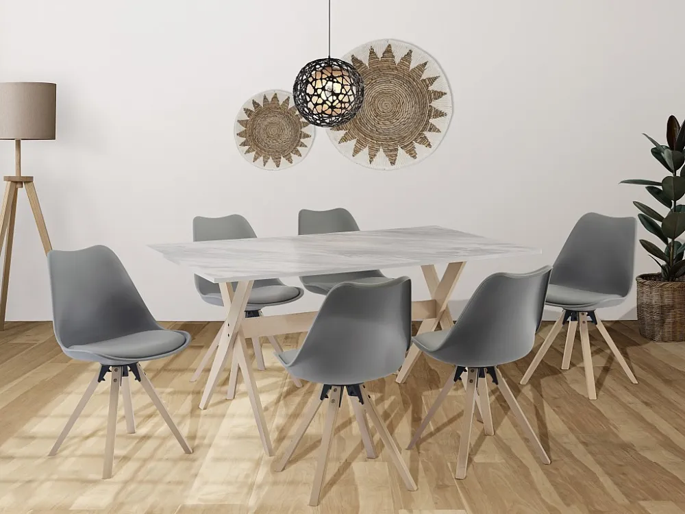 Eettafel 6 plaatsen van mdf en beuken - Wit en licht naturel - SERANI