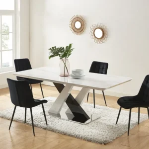 Eettafel voor 8 personen - Mdf en roestvrij staal - Wit en zwart marmereffect - EVAELA