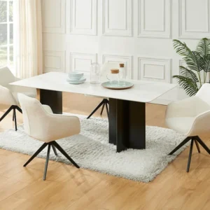 Eettafel voor 8 personen van keramiek en mdf - Wit marmereffect en zwart - SINAN