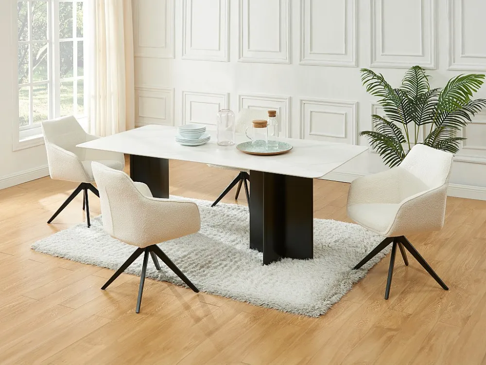 Eettafel voor 8 personen van keramiek en mdf - Wit marmereffect en zwart - SINAN