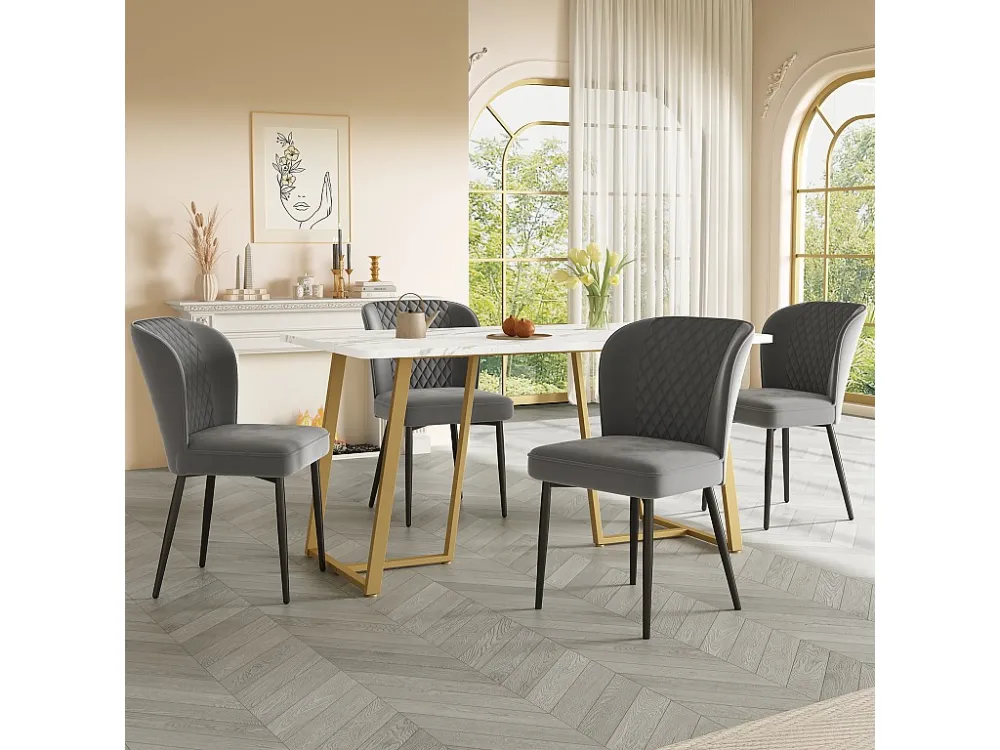 Eettafel voor 6 couverts marmerpatroon - MDF + gouden metalen poten - wit Merax