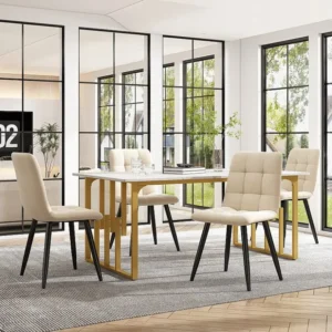 Eettafel voor 6 couverts marmerpatroon - MDF + gouden metalen poten - wit Merax