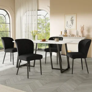 Eettafel voor 6 personen marmerpatroon - MDF + zwarte metalen poten - wit Merax