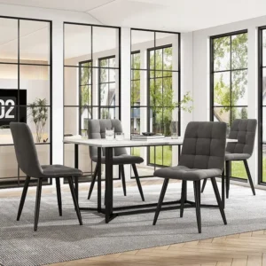 Eettafel voor 6 personen marmerpatroon - MDF + zwarte metalen poten - wit Merax
